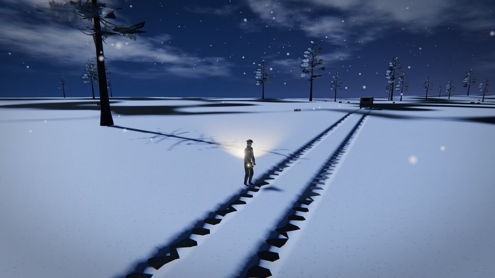 First snow over Pripyat's central square at night — a bright moonlit procedural city with fresh footprints in the snow
